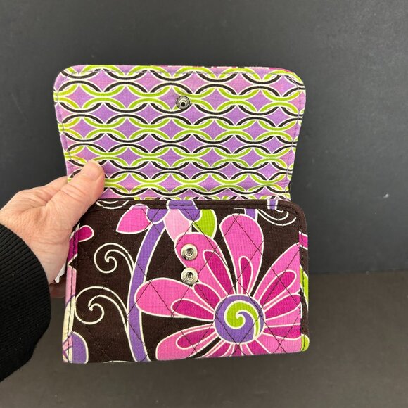 Vera Bradley Purple Punch Trifold Wallet Pink Purple Lime Green Brown Background - Picture 3 of 10